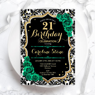 Green Rose Gold Black Damask 21. Geburtstag Einladung