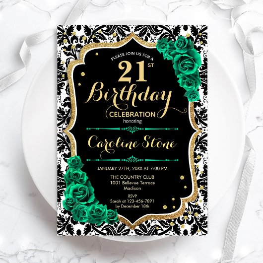Green Rose Gold Black Damask 21. Geburtstag Einladung