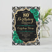 Green Rose Gold Black Damask 80. Geburtstag Einladung (Stehend Vorderseite)