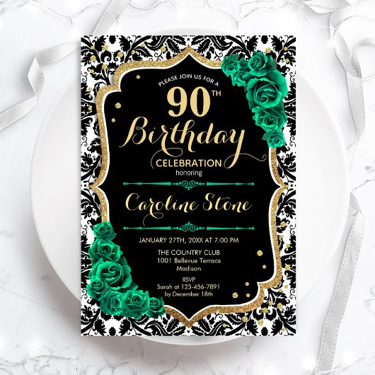 Green Rose Gold Black Damask 90. Geburtstag Einladung