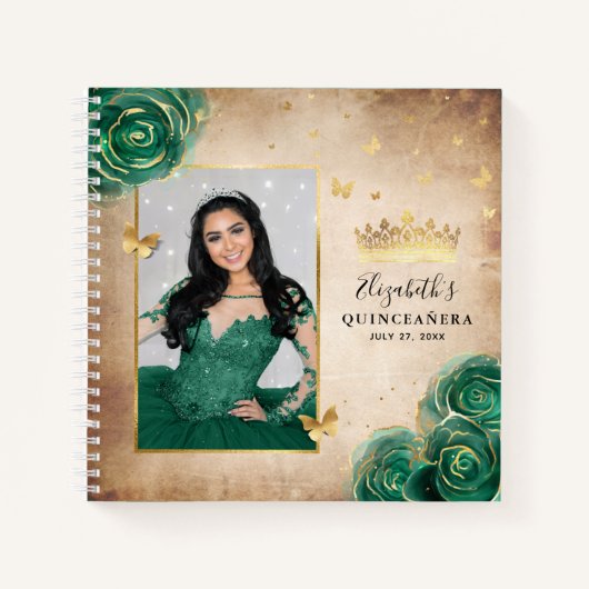 Green Rose Gold Elegantes Foto Quinceanera Gast Notizblock (Vorderseite)