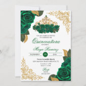 Green Rose Gold Glitzer Frames Tiara Quinceañera Einladung (Vorderseite)