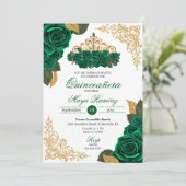 Green Rose Gold Glitzer Frames Tiara Quinceañera Einladung (Stehend Vorderseite)