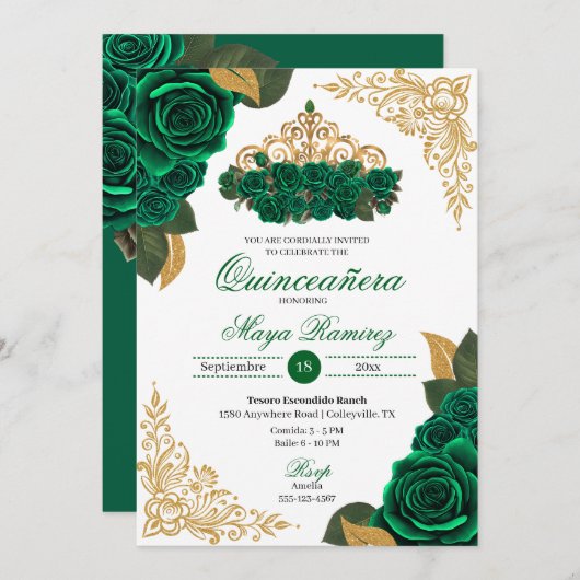Green Rose Gold Glitzer Frames Tiara Quinceañera Einladung (Vorne/Hinten)