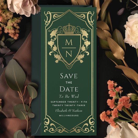 Green Royal Fantasy Monogram Save the Date Einladung