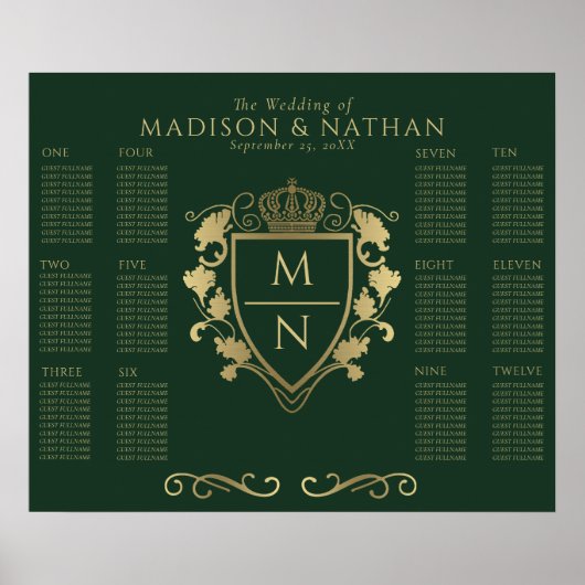 Green Royal Fantasy Monogram Wedding Seating Poster (Vorne)