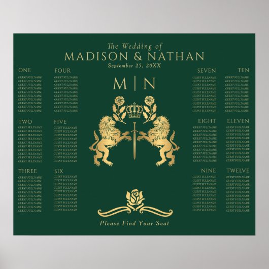 Green Royal Lion Gold Hochzeitstabelle Poster (Vorne)