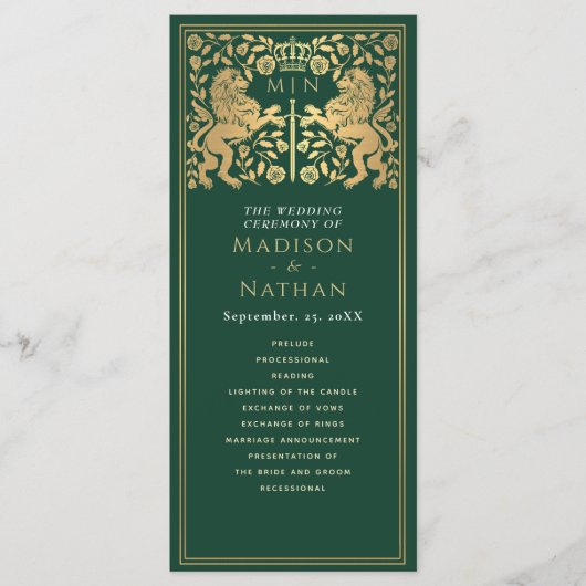 Green Royal Lion Mittelalterliches Hochzeitsprogra Programm (Vorderseite)