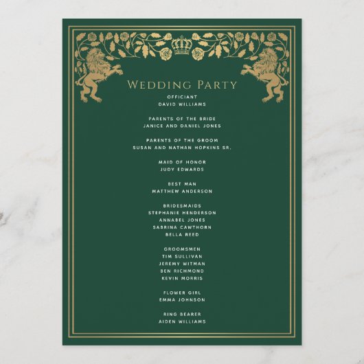 Green Royal Lion Mittelalterliches Hochzeitsprogra Programm (Rückseite)