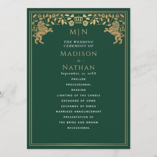 Green Royal Lion Mittelalterliches Hochzeitsprogra Programm (Vorderseite)