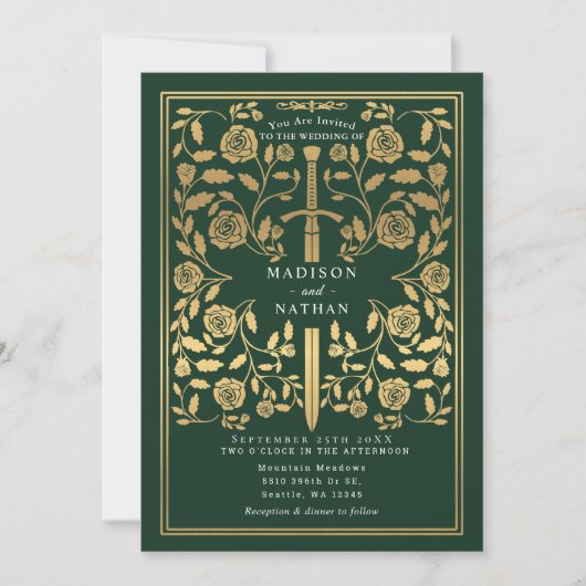 Green Royal Medieval Gold Sword Wedding QR Code Einladung (Vorderseite)