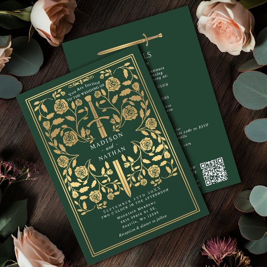 Green Royal Medieval Gold Sword Wedding QR Code Einladung