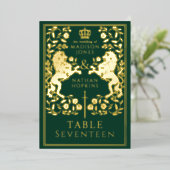 Green Royal Medieval Lion Wedding Foil Table Card Folieneinladung (Stehend vorne)