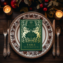 Green Royal Medieval Lion Wedding Foil Table Card