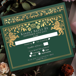 Green Royal Medieval Lion Wedding RSVP Karte