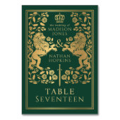 Green Royal Medieval Lion Wedding Tischnummer (Vorderseite)