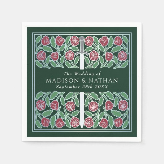 Green Royal Medieval Silver Floral Sword Wedding Serviette (Vorderseite)