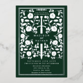 Green Royal Medieval Silver Sword Wedding Details Folieneinladung (Vorderseite)