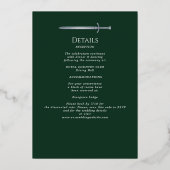 Green Royal Medieval Silver Sword Wedding Details Folieneinladung (Rückseite)