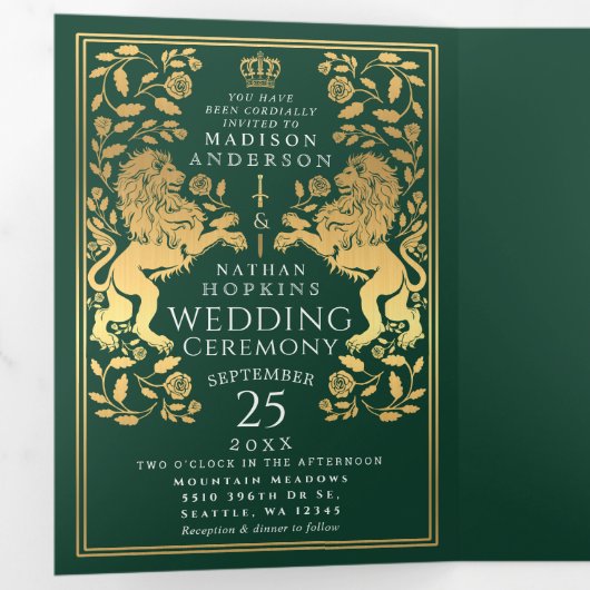 Green Royal Mittelalterlion Wedding Tri-Fold Dreifach Gefaltete Einladung (Innen Erste Seite)