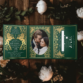 Green Royal Mittelalterlion Wedding Tri-Fold Dreifach Gefaltete Einladung