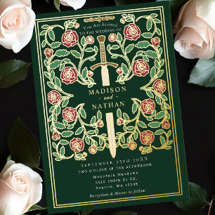 Green Royal Sword Floral Mittelalterliche Hochzeit Folieneinladung