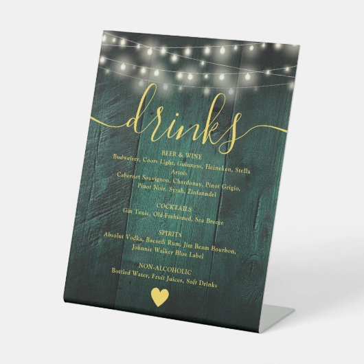 Green Rustic Barn Wood String Lights Drinks Menü Sockelschild (Vorderseite)
