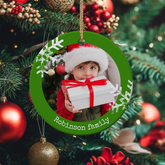 Green Rustic Circle Foto Schneeflocken Keramik Ornament