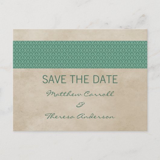 Green Rustic Damask Save the Date Postkarte (Vorderseite)