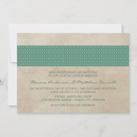 Green Rustic Damask Wedite Einladung (Vorderseite)