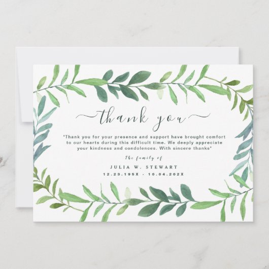 Green Rustic Eukalyptus Funerod Vielen Dank Karte (Vorderseite)