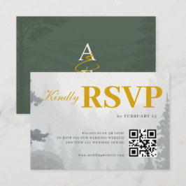 Green Rustic Forest Watercolor QR Wedding RSVP Karte