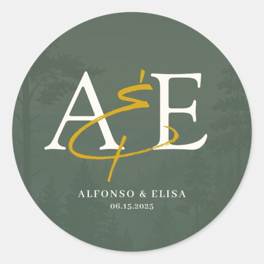 Green Rustic Forest Watercolor Wedding Runder Aufkleber (Vorderseite)