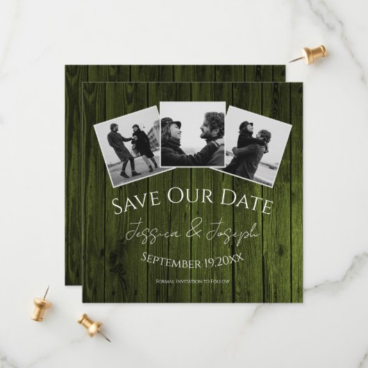 Green Rustic Foto Collage Save the Date (Vorderseite/Rückseite Beispiel)
