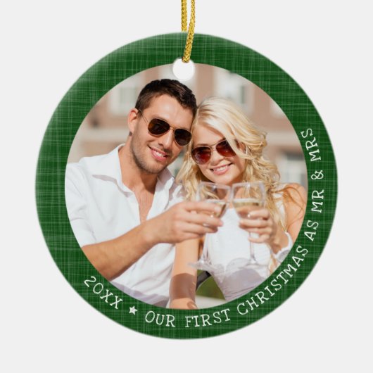 Green Rustic Foto Mr. & Mrs. Christmas Keramik Ornament (Vorne)