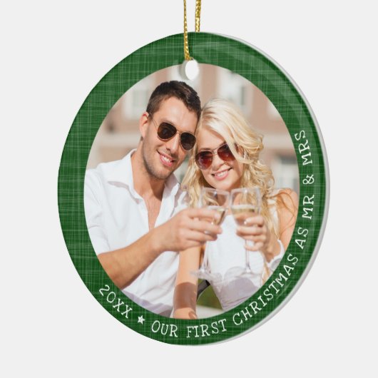 Green Rustic Foto Mr. & Mrs. Christmas Keramik Ornament (Links)