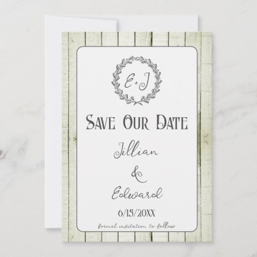 Green Rustic Monogram Save the Date Ankündigung (Vorderseite)