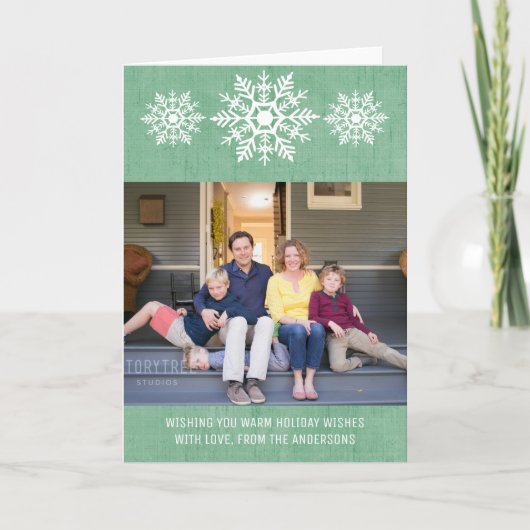 Green Rustic Snowflake Holiday Foto Feiertagskarte (Vorderseite)