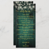 Green Rustic String Lights Barn Wood Wedding Menu Menükarte (Vorne/Hinten)