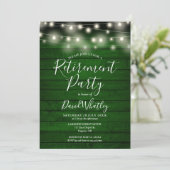 Green Rustic Wood String Lights Retirement Party Einladung (Stehend Vorderseite)