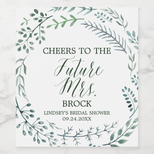 Green Rustic Wreath Future Frau Brautparty Weinetikett (Einzelnes Label)