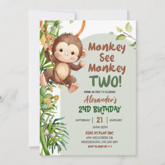 Green Safari Monkey See Monkey Two 2nd Birthday Einladung