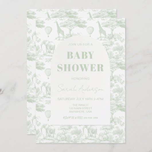 Green Safari Toile D Jouy Jungle Theme Kinderdusch Einladung (Vorne/Hinten)