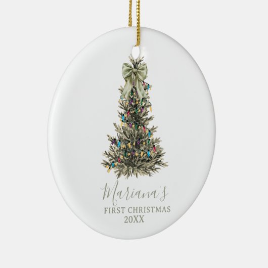 Green Sage Bow Pine Trees First Christmas Keramik Ornament (Rechts)