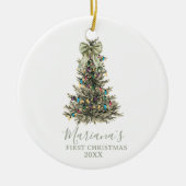 Green Sage Bow Pine Trees First Christmas Keramik Ornament (Vorne)