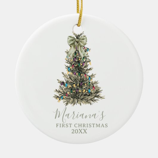 Green Sage Bow Pine Trees First Christmas Keramik Ornament (Vorne)