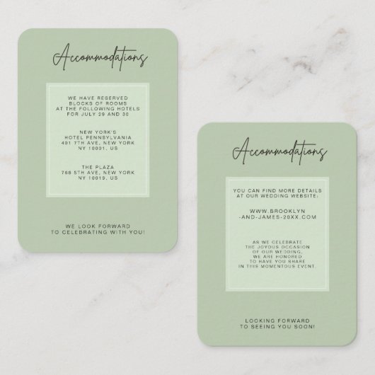 Green Sage Minimal Wedding Accommodation Begleitkarte (Vorne/Hinten)