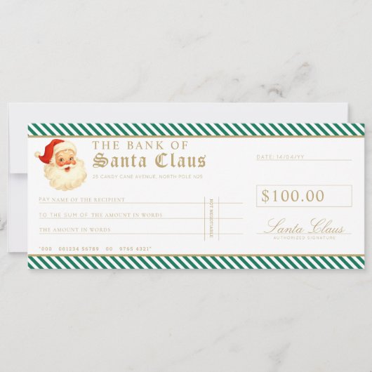 Green Santa Cheque Gift Voucher Card Einladung (Vorderseite)