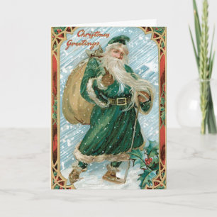 Green Santa Vintag Frohe Weihnachtskarte Feiertagskarte
