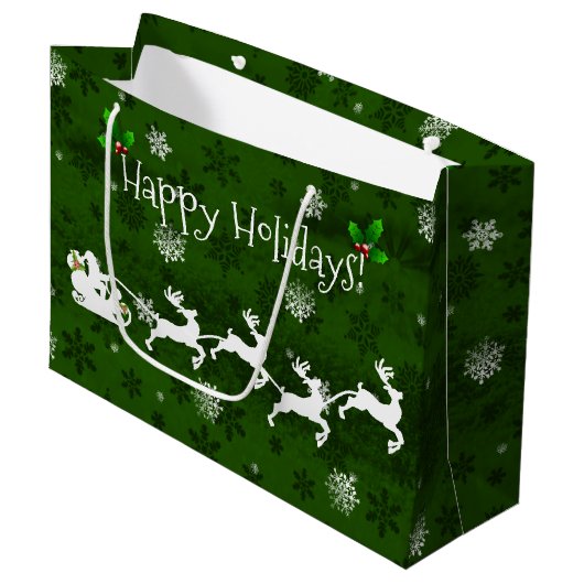 Green Santa's Schlitten und Rentier-Geschenktasche Große Geschenktüte (Vorderseite Schrägansicht)
